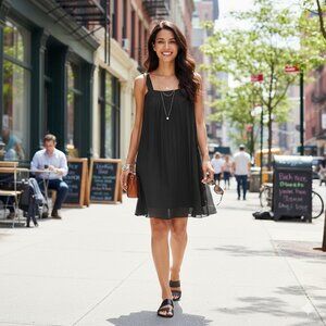 Eileen Fisher Black Lightweight Crinkle Chiffon Sleeveless Silk Dress XS